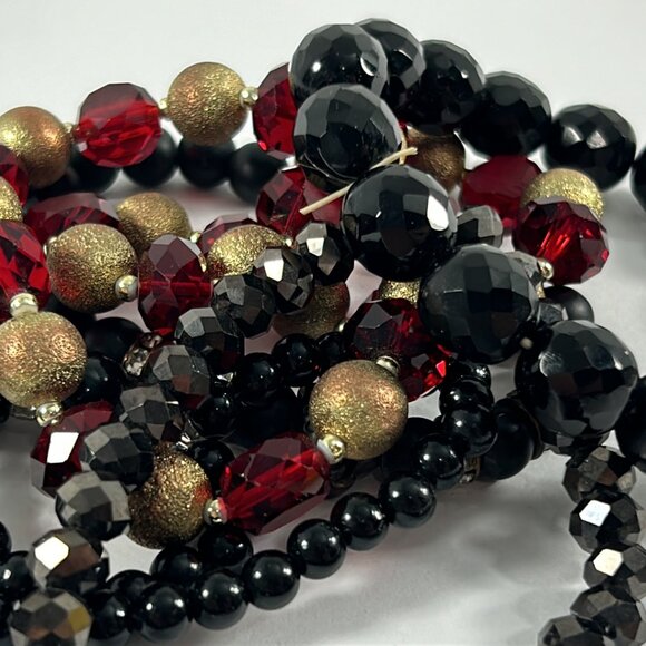 Lot 6 Stretch Bracelets Black Red Gold Beaded Layering Stacking Rhinestones - Picture 6 of 10